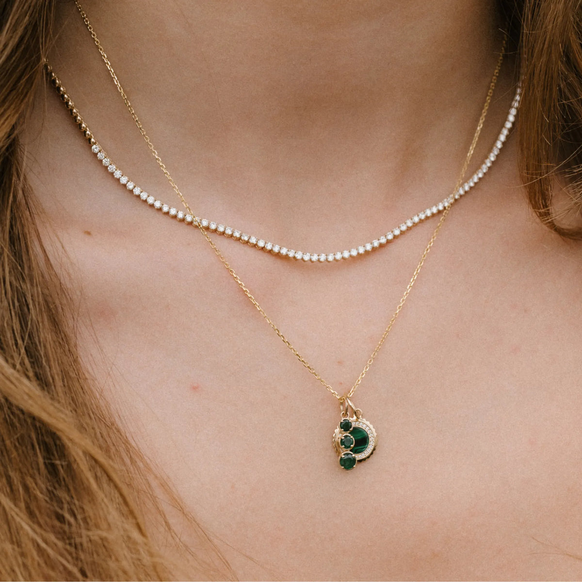 Malachite medallion charm on a gold paperclip chain, dainty necklace styling by Mama Bijoux Orange County