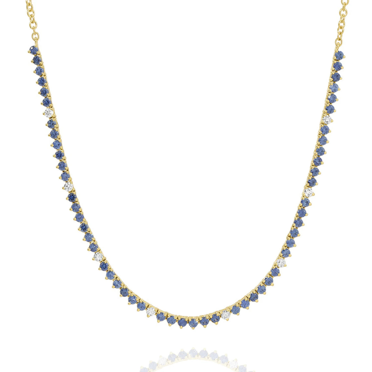 14k yellow gold blue sapphire and diamond half tennis necklace with alternating natural blue sapphires and diamond accents, gemstone tennis necklace, Mama Bijoux fine jewelry Costa Mesa