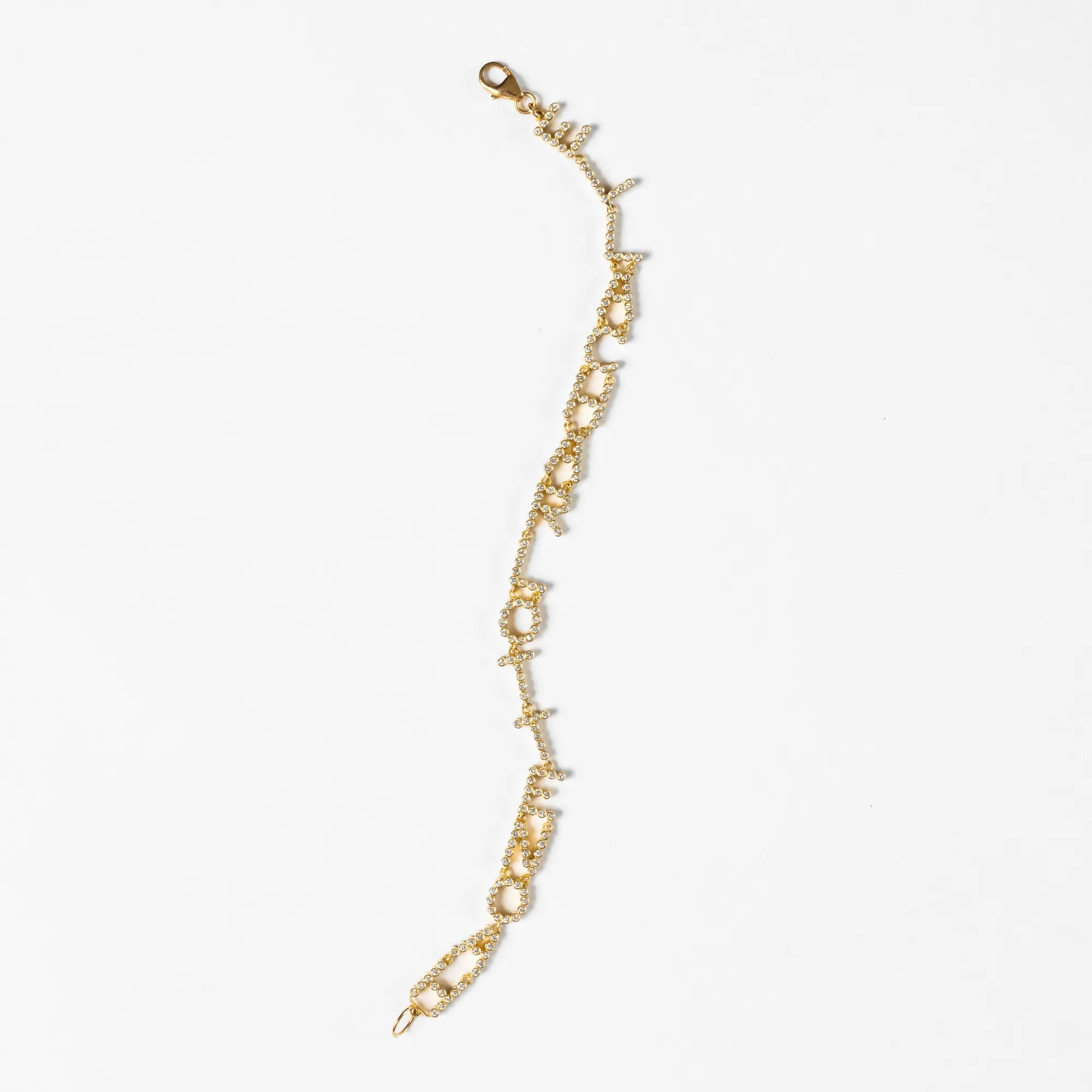 Custom 10 letter diamond bracelet in 14k yellow gold with pave diamond lettering and lobster clasp, handcrafted at Mama Bijoux fine jewelry atelier Costa Mesa