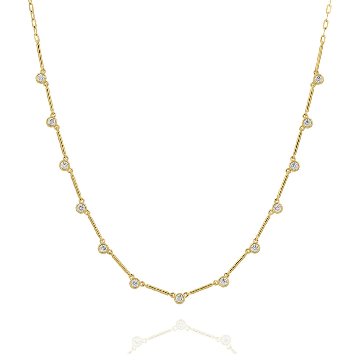 14k yellow gold diamond bar half tennis necklace with bezel set round brilliant natural diamonds and bar links, diamond station necklace, Mama Bijoux fine jewelry Costa Mesa