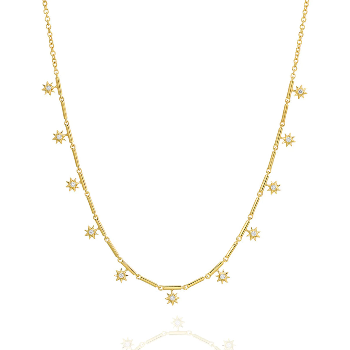 14k yellow gold diamond star layering necklace with star set natural diamond charms on bar link chain, celestial diamond necklace, Mama Bijoux fine jewelry Costa Mesa