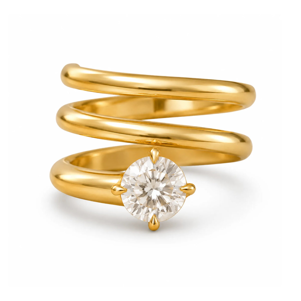 14k yellow gold spiral lab diamond pinky ring with round brilliant cut lab white diamond solitaire in four prong setting, statement cocktail ring, Mama Bijoux fine jewelry Costa Mesa
