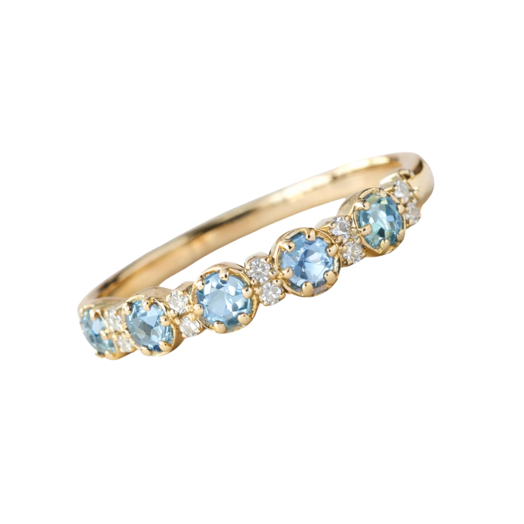 March birthstone aquamarine and diamond alternating stacking pinky ring in 14k yellow gold Mama Bijoux Costa Mesa