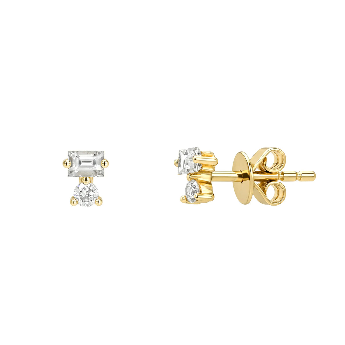 Mini baguette and round diamond flat back stud earring 14k yellow gold 0.13ctw natural diamond Mama Bijoux Costa Mesa