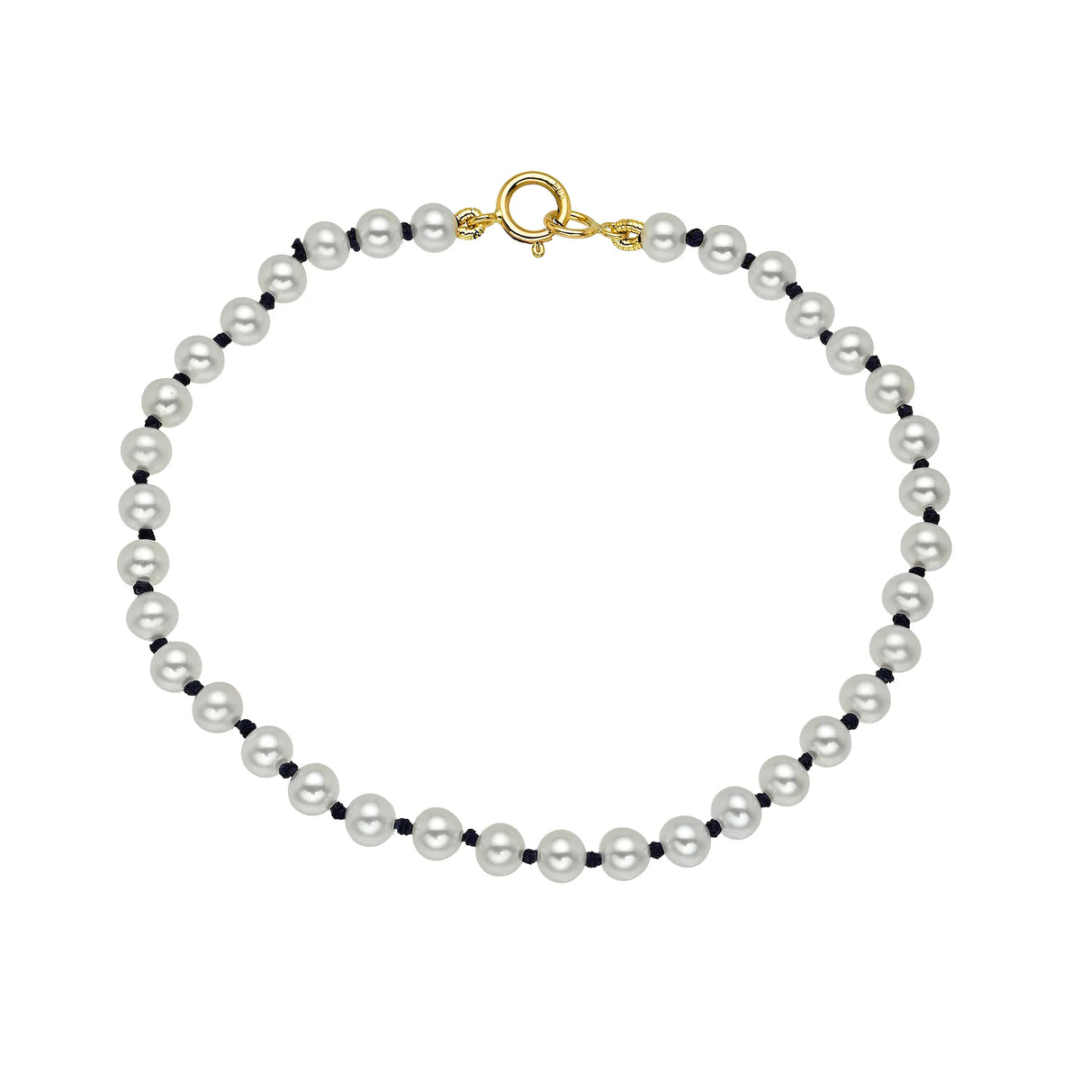 A classic pearl necklace with white freshwater pearls strung on a black cord, featuring a gold clasp, shown against a plain white background.