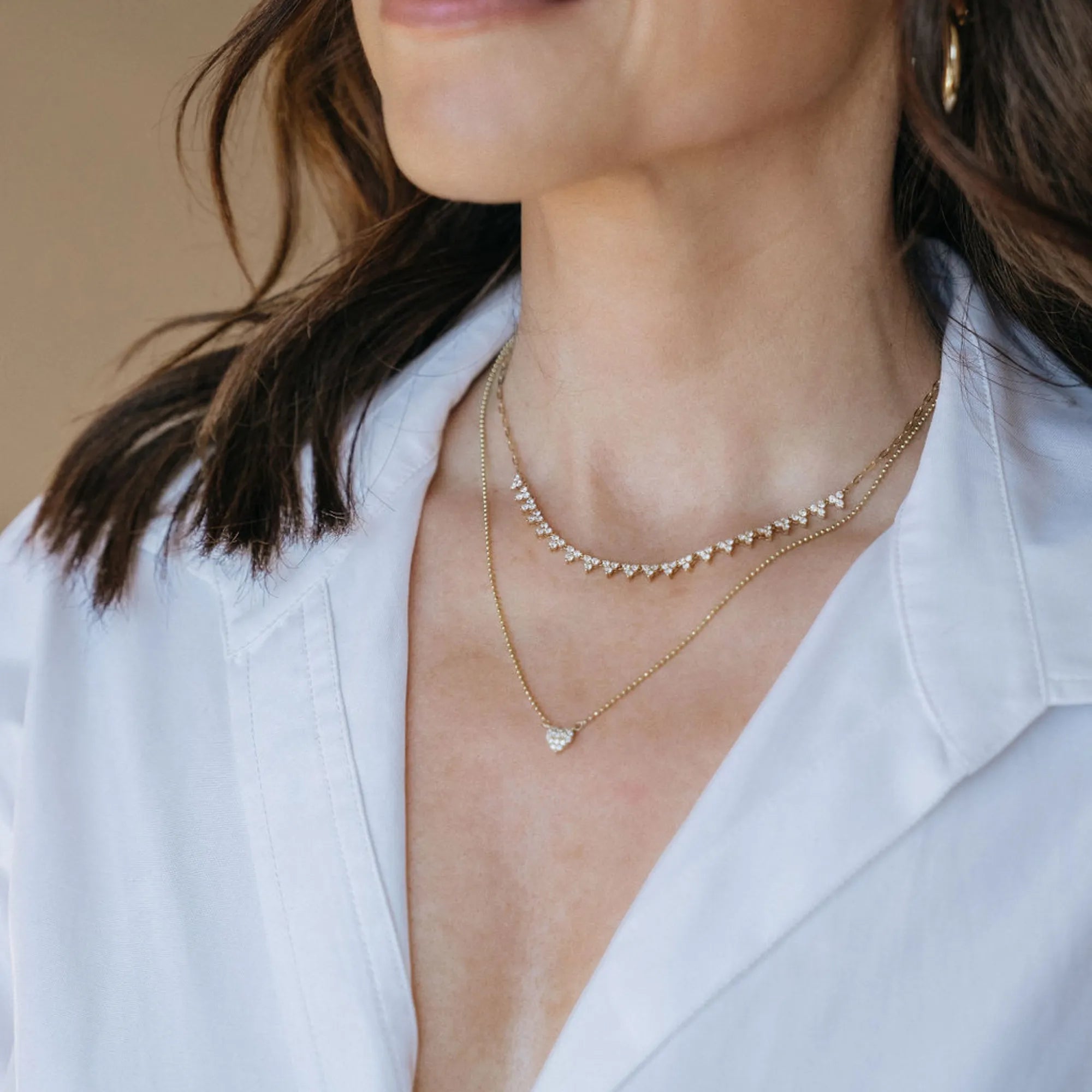 Mini trio diamond and chain stacking necklace 14k yellow gold layered necklace stack lifestyle Mama Bijoux Costa Mesa