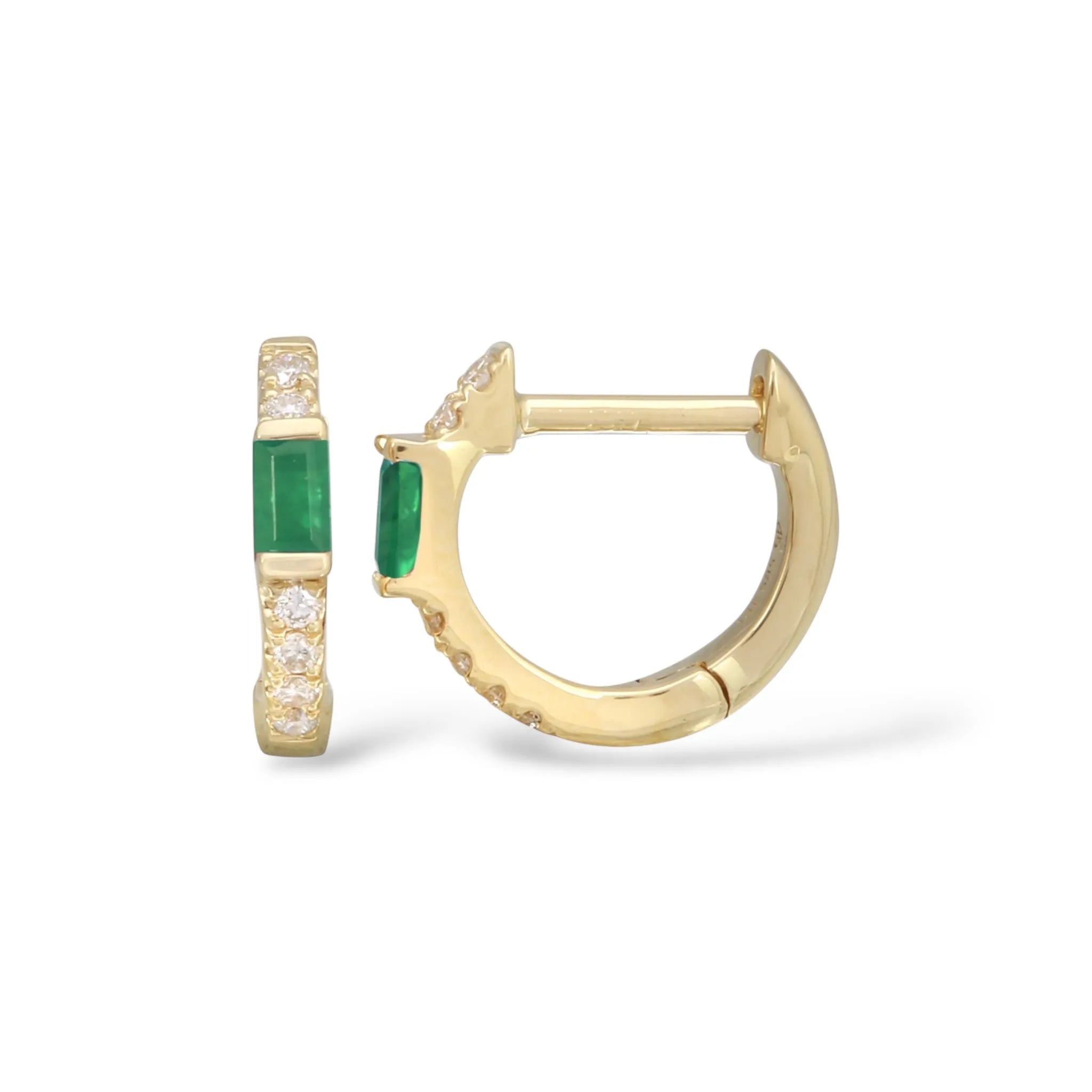 Mini Emerald Baguette & Diamond Huggies (Sold as Singles) Mama Bijoux Fine Jewelry 14k Yellow Gold Natural Diamond and Emeralds 