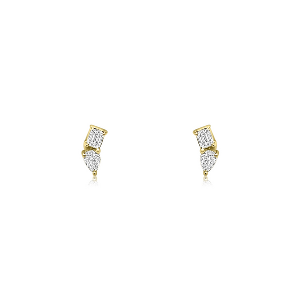 Mini Pear & Emerald Cut Diamond Stud Earrings