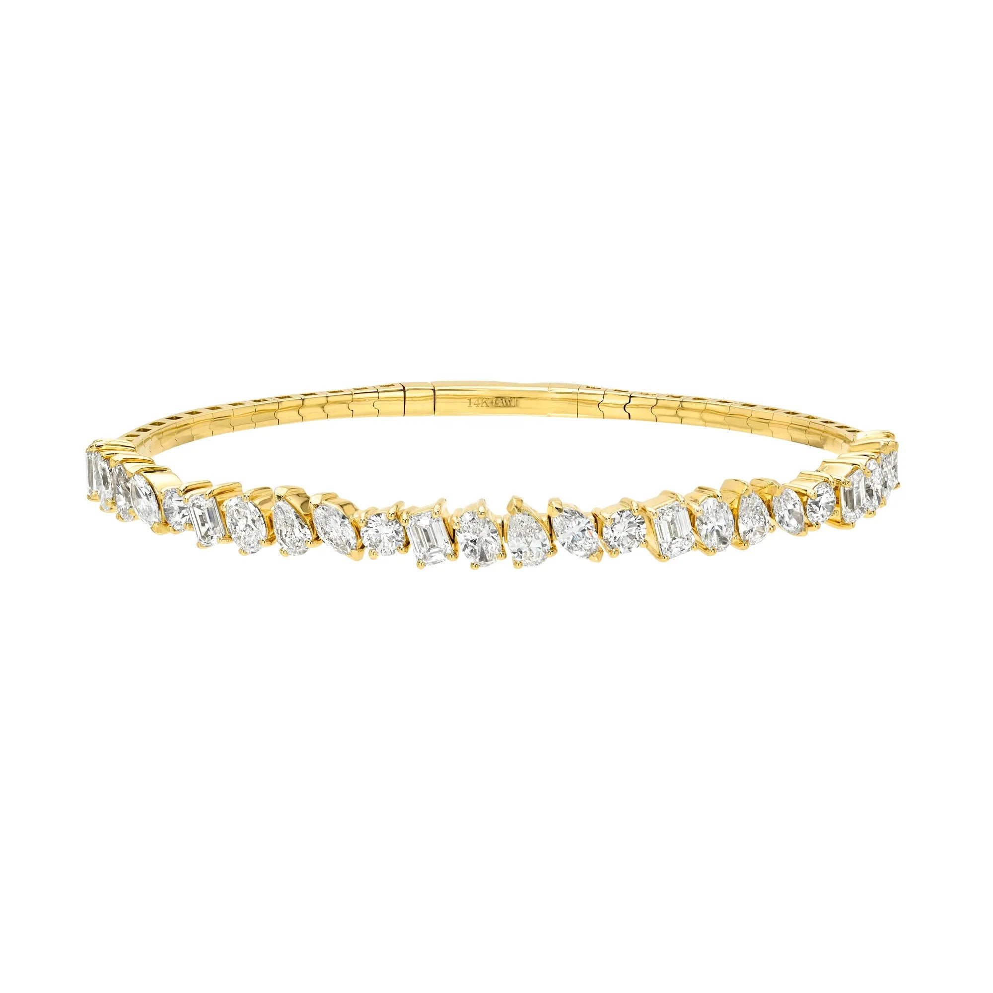 Multi cut lab diamond flexible bangle bracelet with emerald oval marquise pear and round diamonds 14k yellow gold Mama Bijoux Costa Mesa