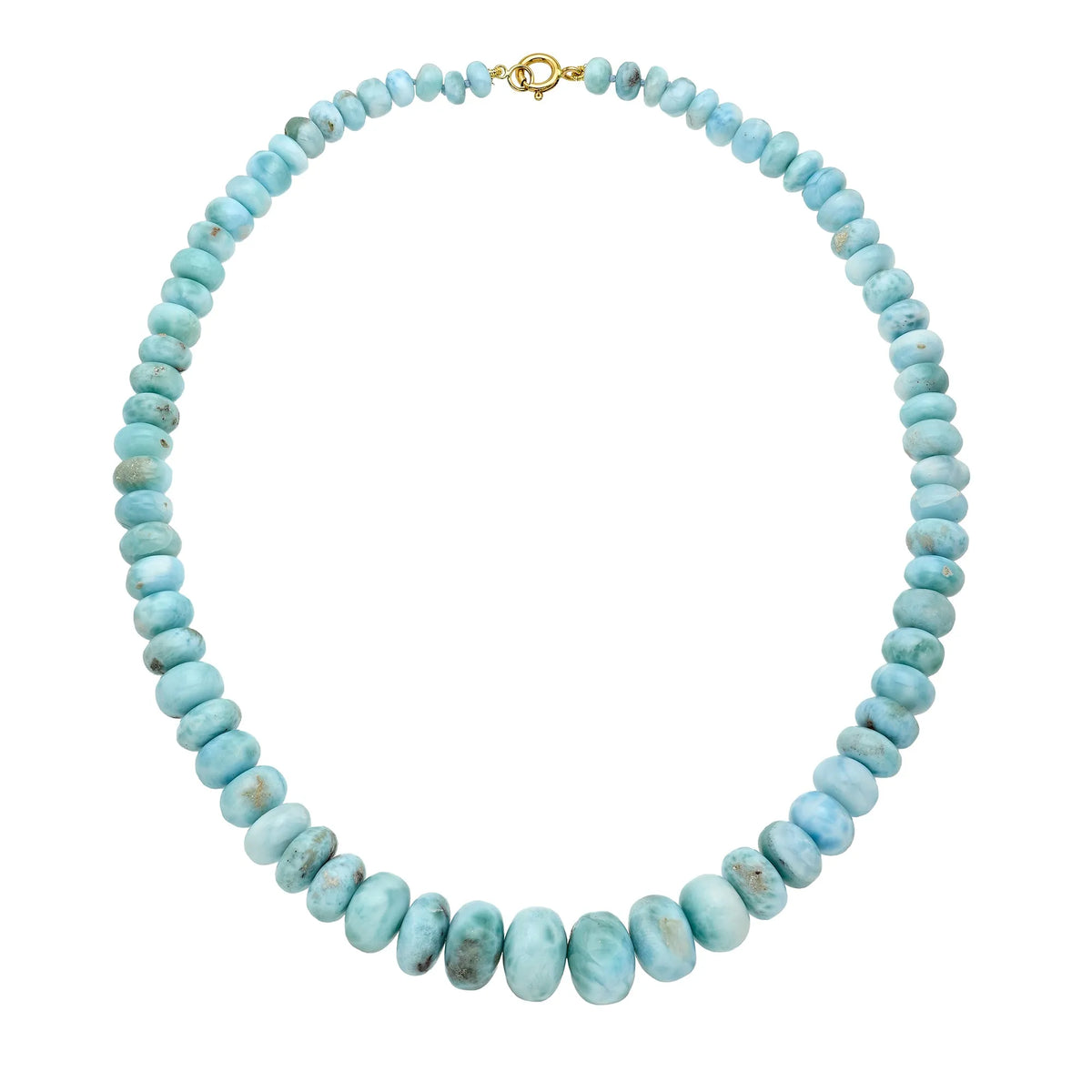 A beaded necklace made of light blue natural larimar beads with a small 14k yellow gold clasp, displayed on a clean white background.