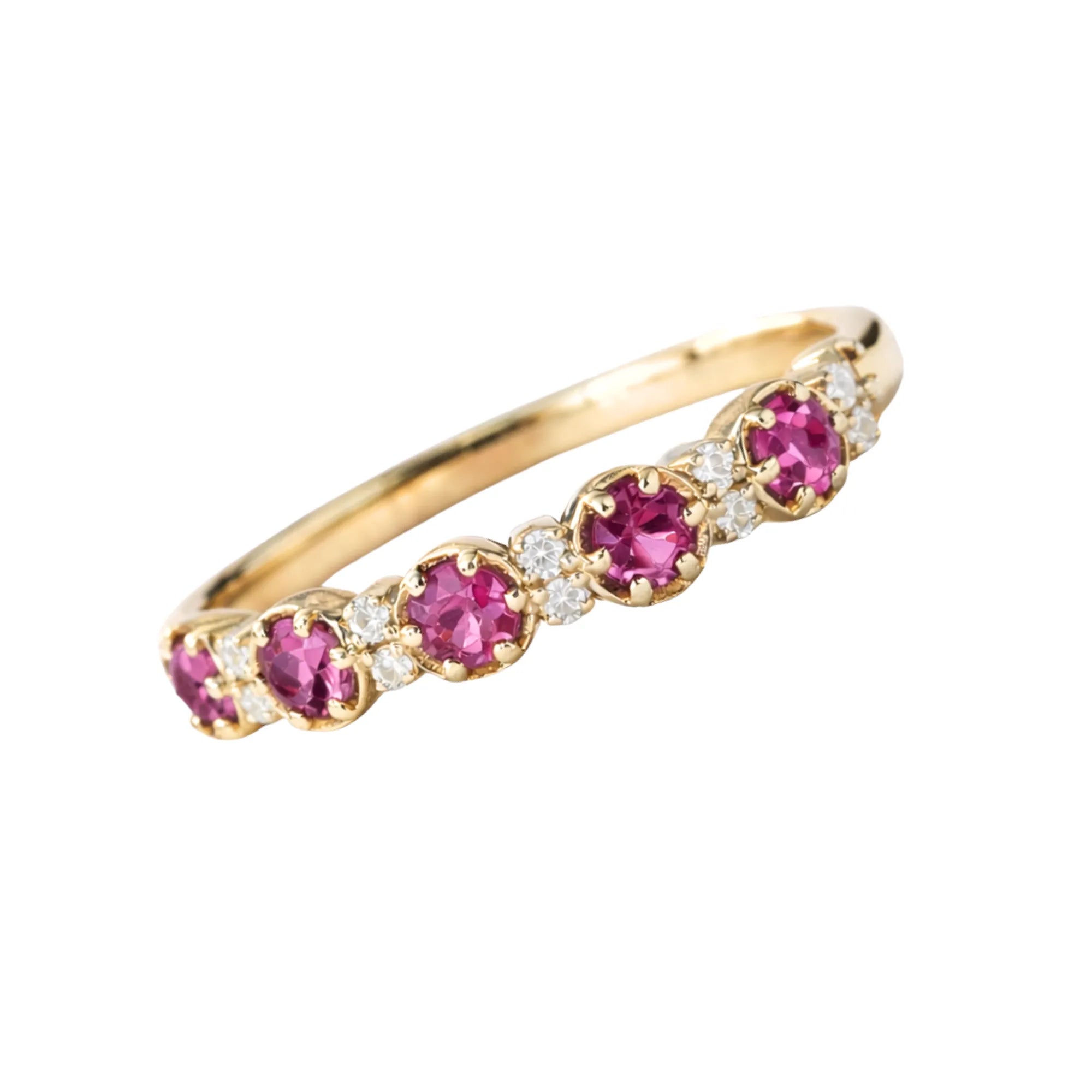 October birthstone pink tourmaline and diamond alternating stacking pinky ring in 14k yellow gold Mama Bijoux Costa Mesa
