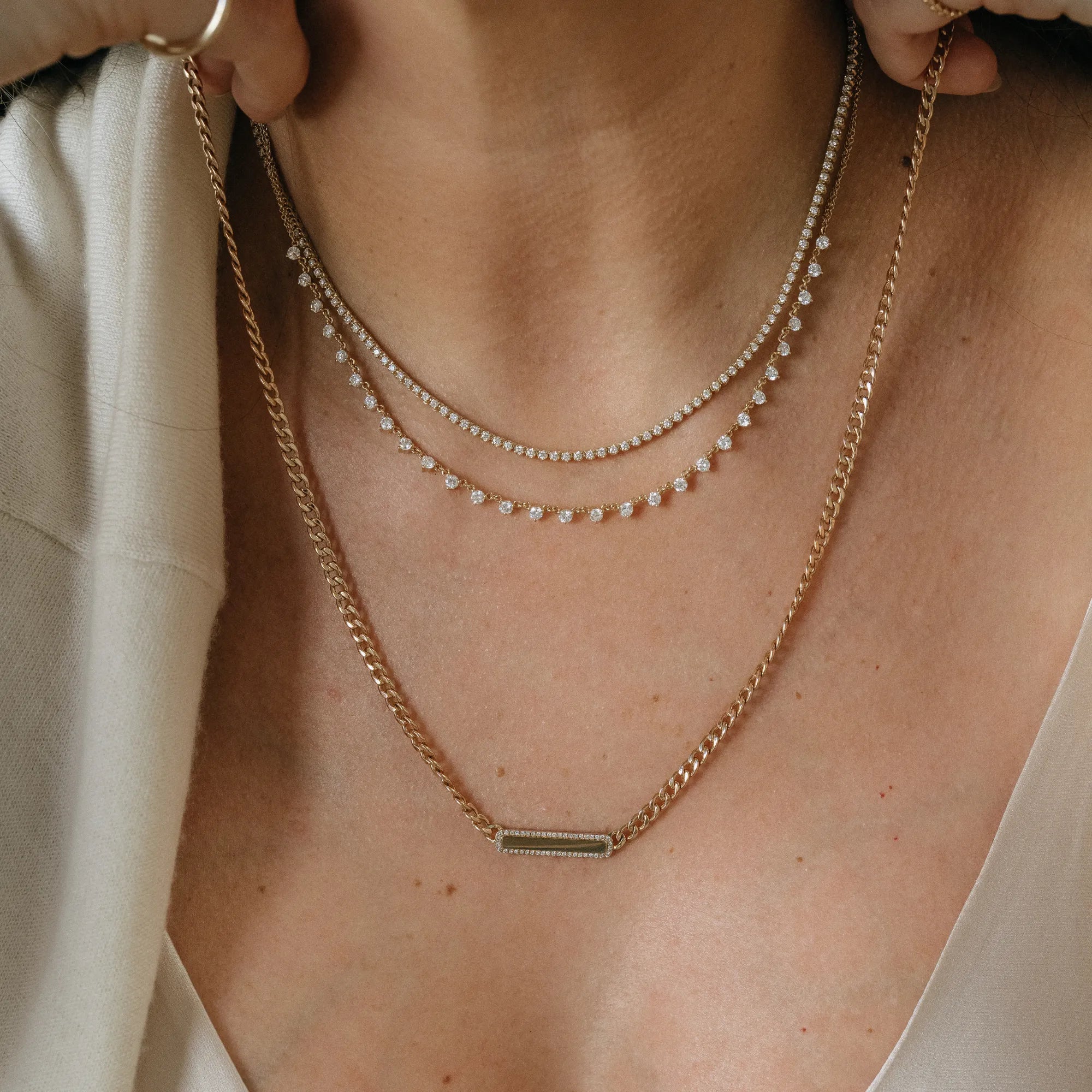 Oh So Pretty diamond necklace 14k yellow gold layered necklace stack lifestyle Mama Bijoux Costa Mesa