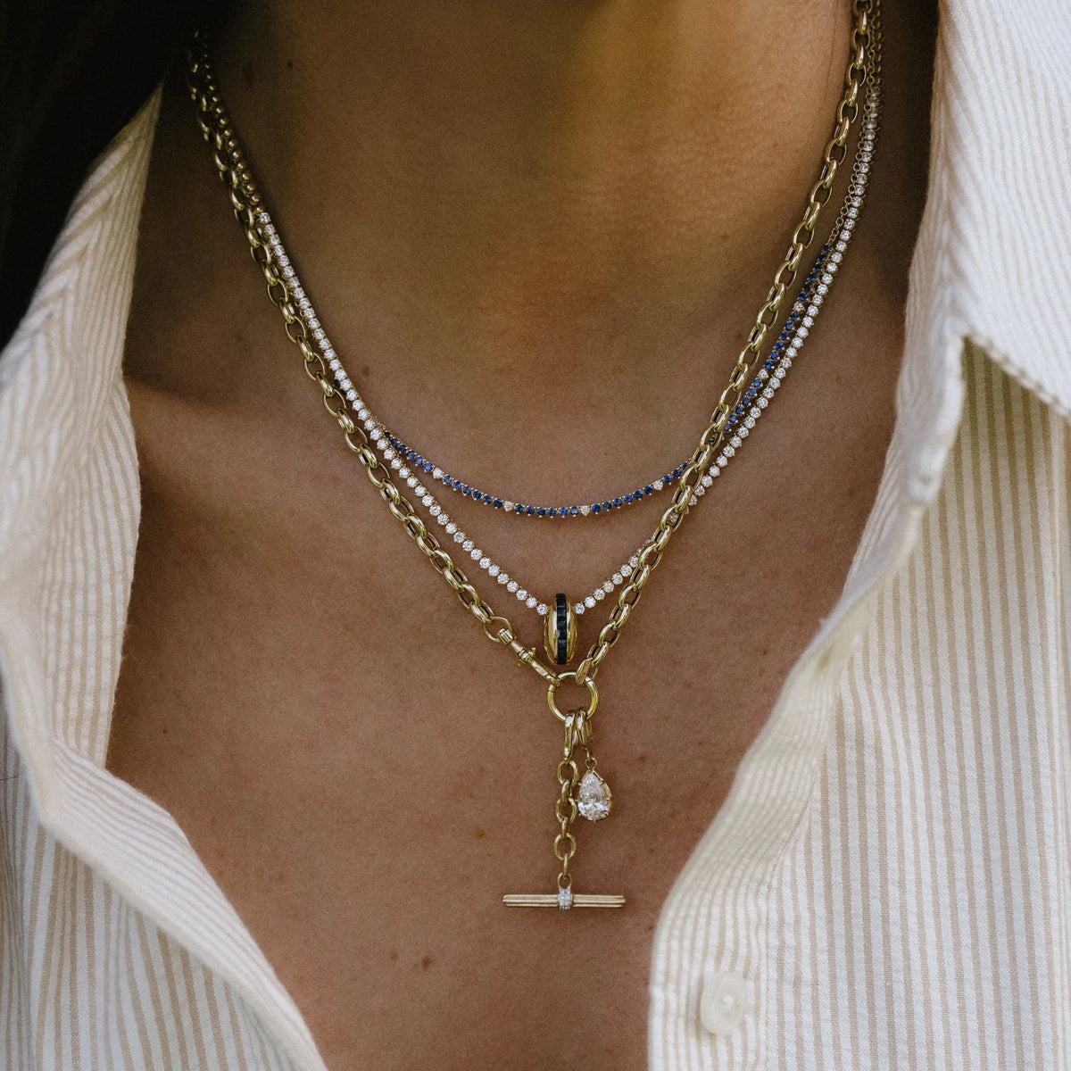 14k yellow gold oval link chain necklace layered with delicate necklaces, layered necklace styling by Mama Bijoux Orange County