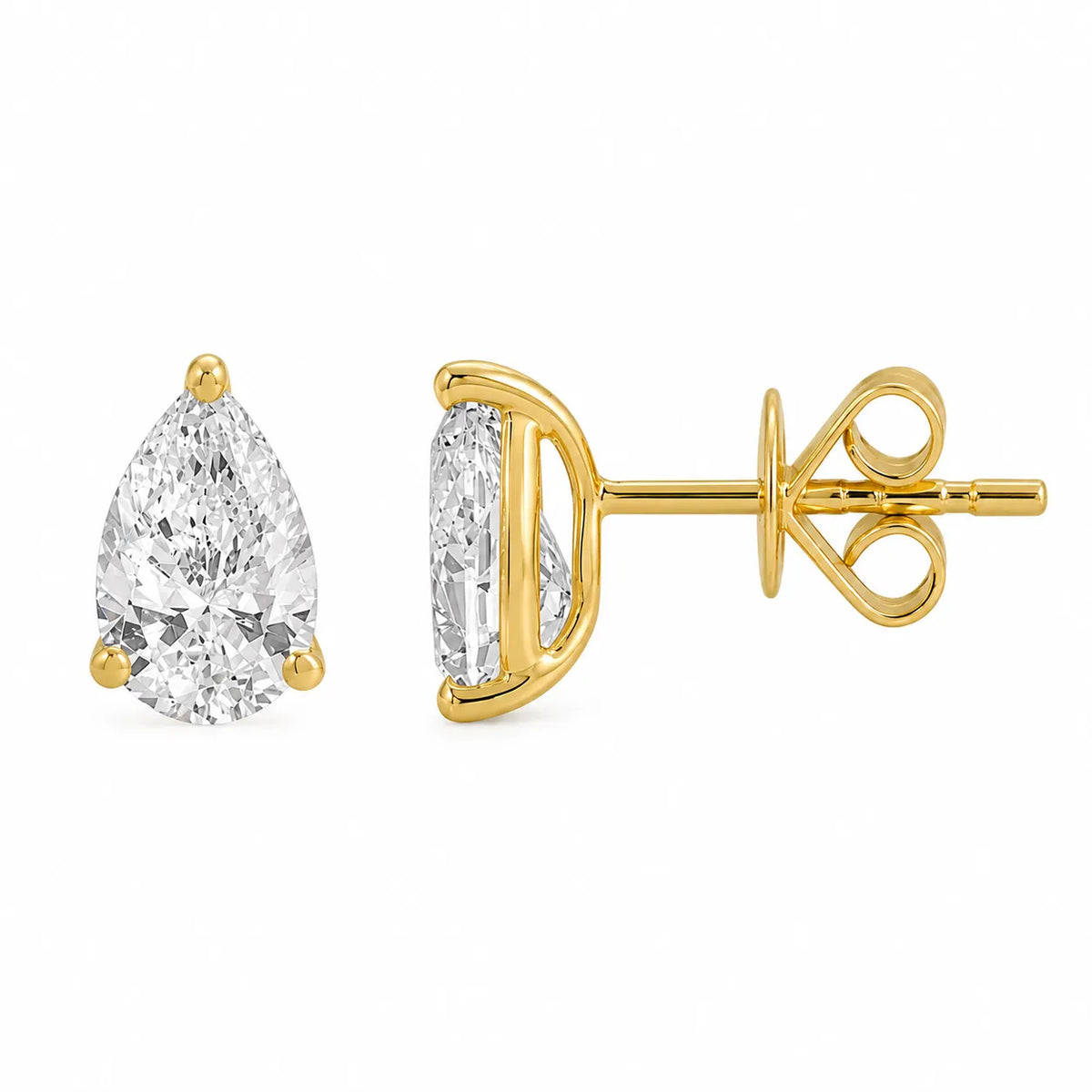 A pair of pear-cut diamond stud earrings in yellow gold, showing one earring from the front and the other from the side/back. The diamonds are clear and the gold setting is yellow gold.