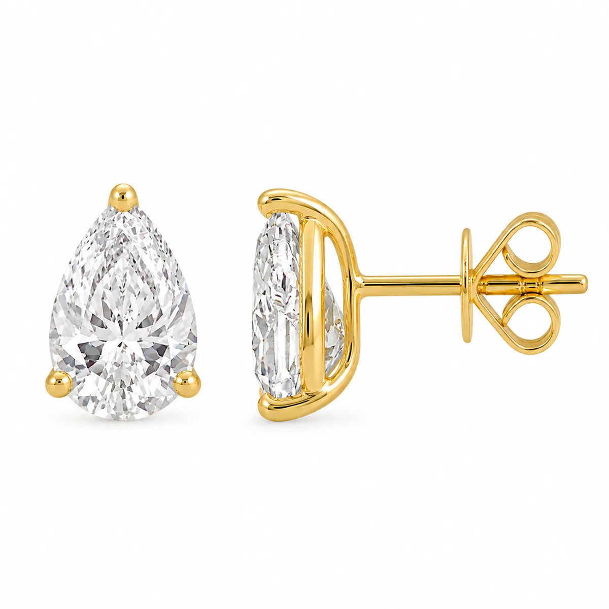 Pear shape lab grown diamond stud earrings, 2 carats each, in yellow gold