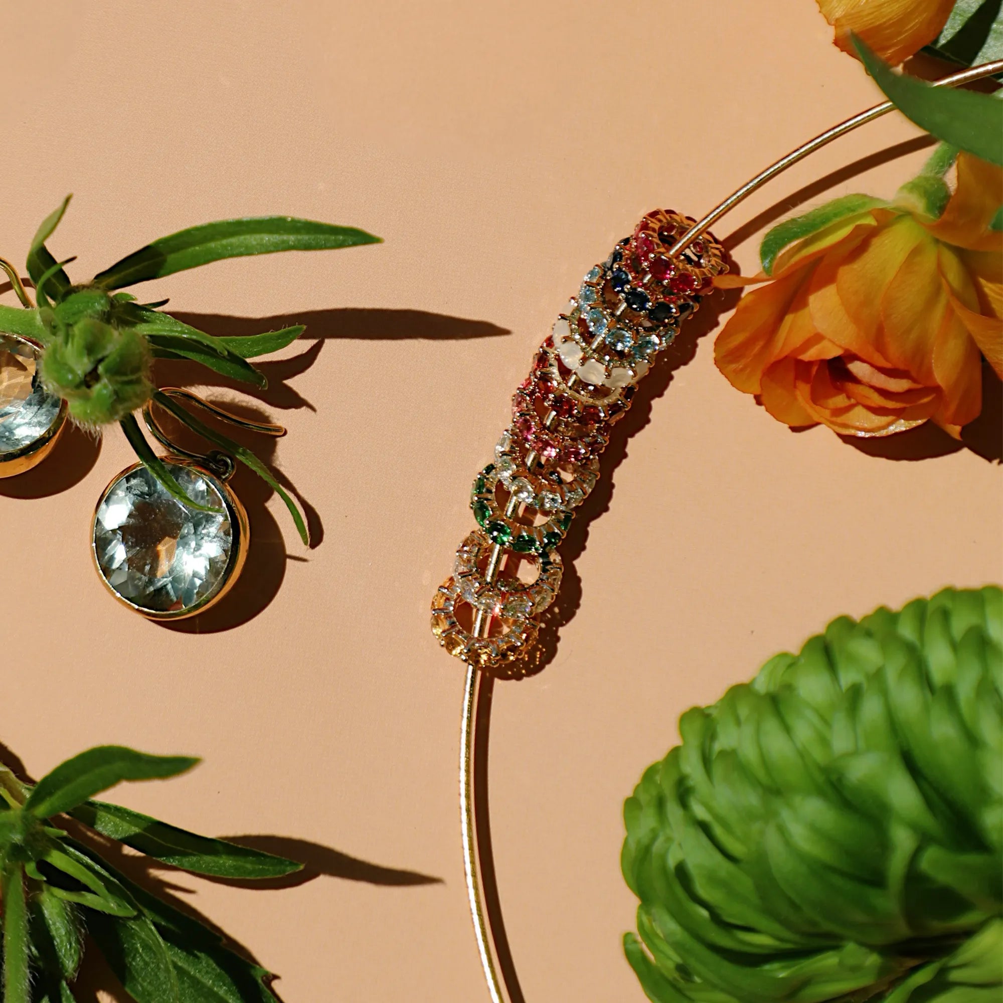 Rainbow gemstone bar necklace on a sleek gold chain featuring colorful gemstone jewelry, meaningful fine jewelry, modern heirloom necklaces, everyday luxury jewelry, and vibrant gemstones designed to celebrate personal style, identity, and lasting memories.