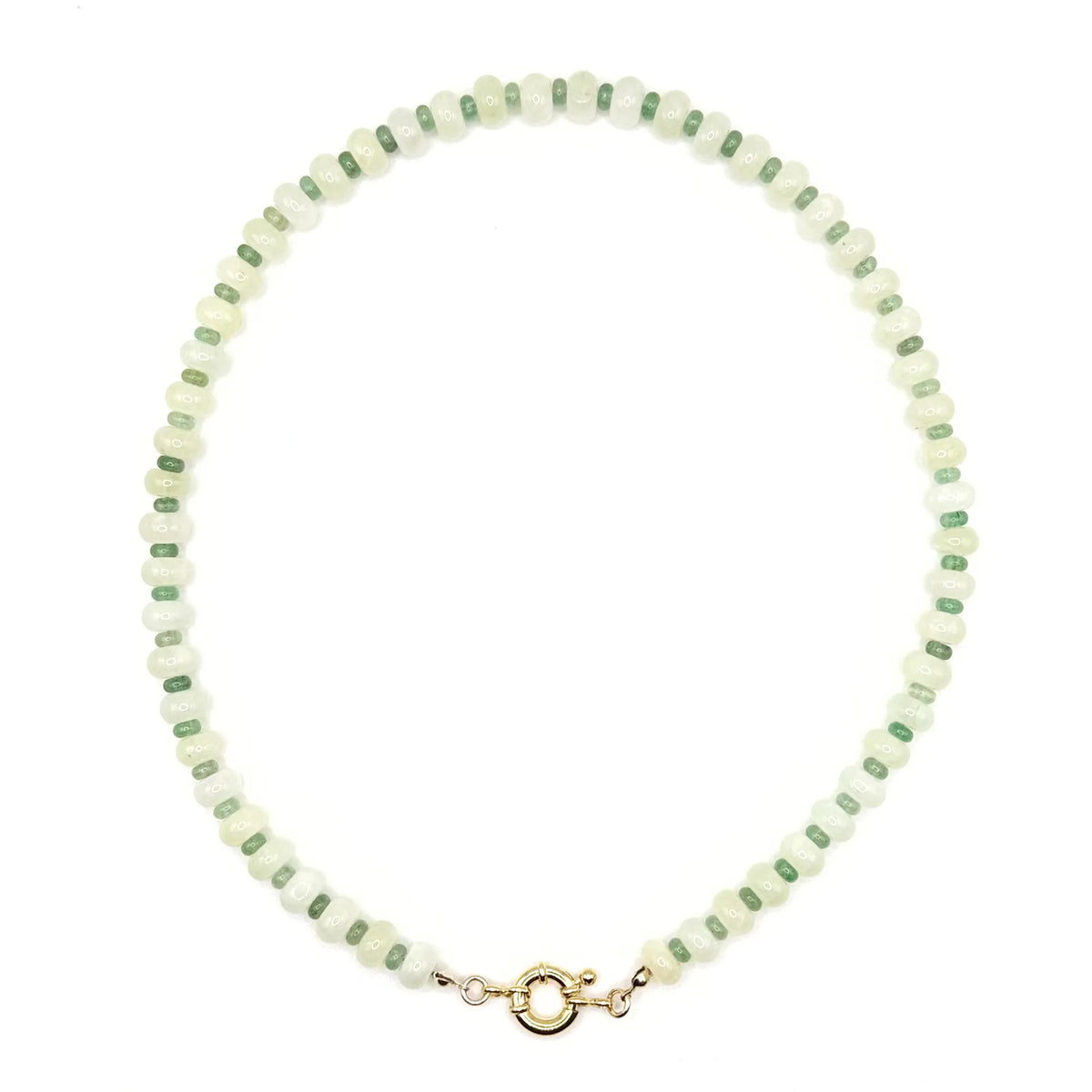 Seafoam Dream necklace by Mama Bijoux x Isla Sol featuring natural prehnite gemstone beads, green aventurine accents, gold filled details, and a spring clasp.
