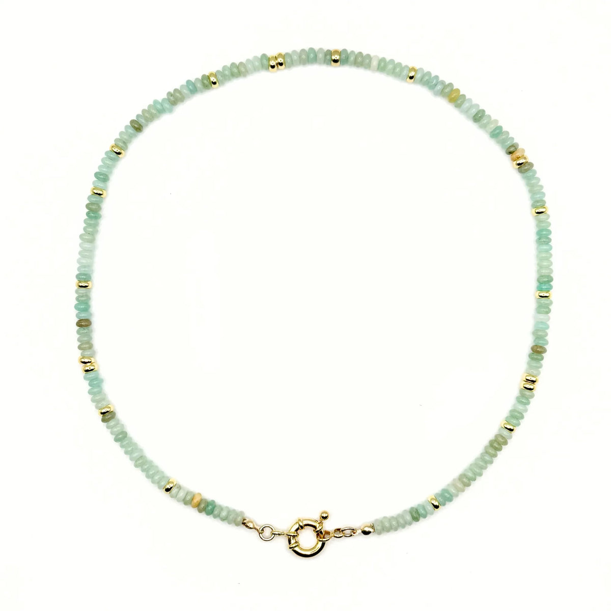 So Shellegant necklace by Mama Bijoux x Isla Sol featuring natural faceted amazonite gemstone beads, gold filled details, and a spring clasp.