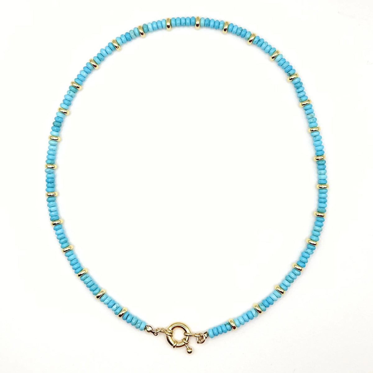 Turquoise and Gold Beaded Necklace by Mama Bijoux x Isla Sol featuring natural turquoise gemstone beads, gold filled accent beads, and a spring clasp.