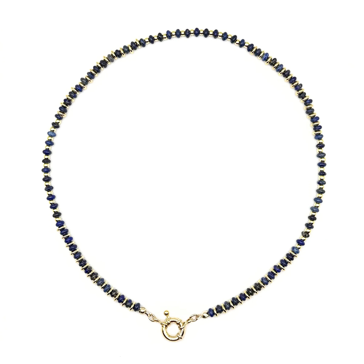 Twilight beaded necklace by Mama Bijoux x Isla Sol featuring natural lapis lazuli gemstone beads, 18k gold accent beads, and a gold filled clasp.