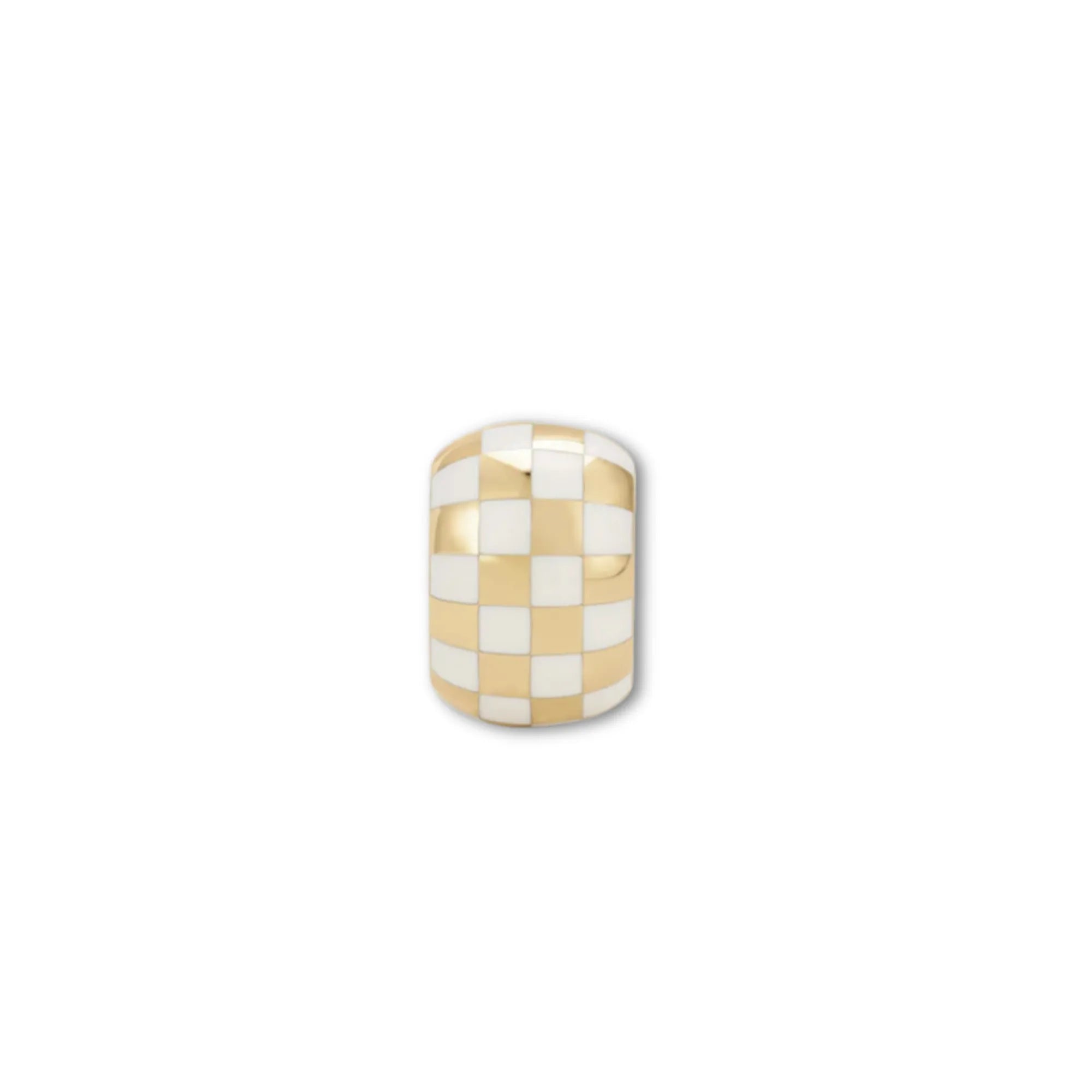 White ceramic checkerboard bead in 14k solid yellow gold bold enamel gold charm for statement jewelry and modern layering