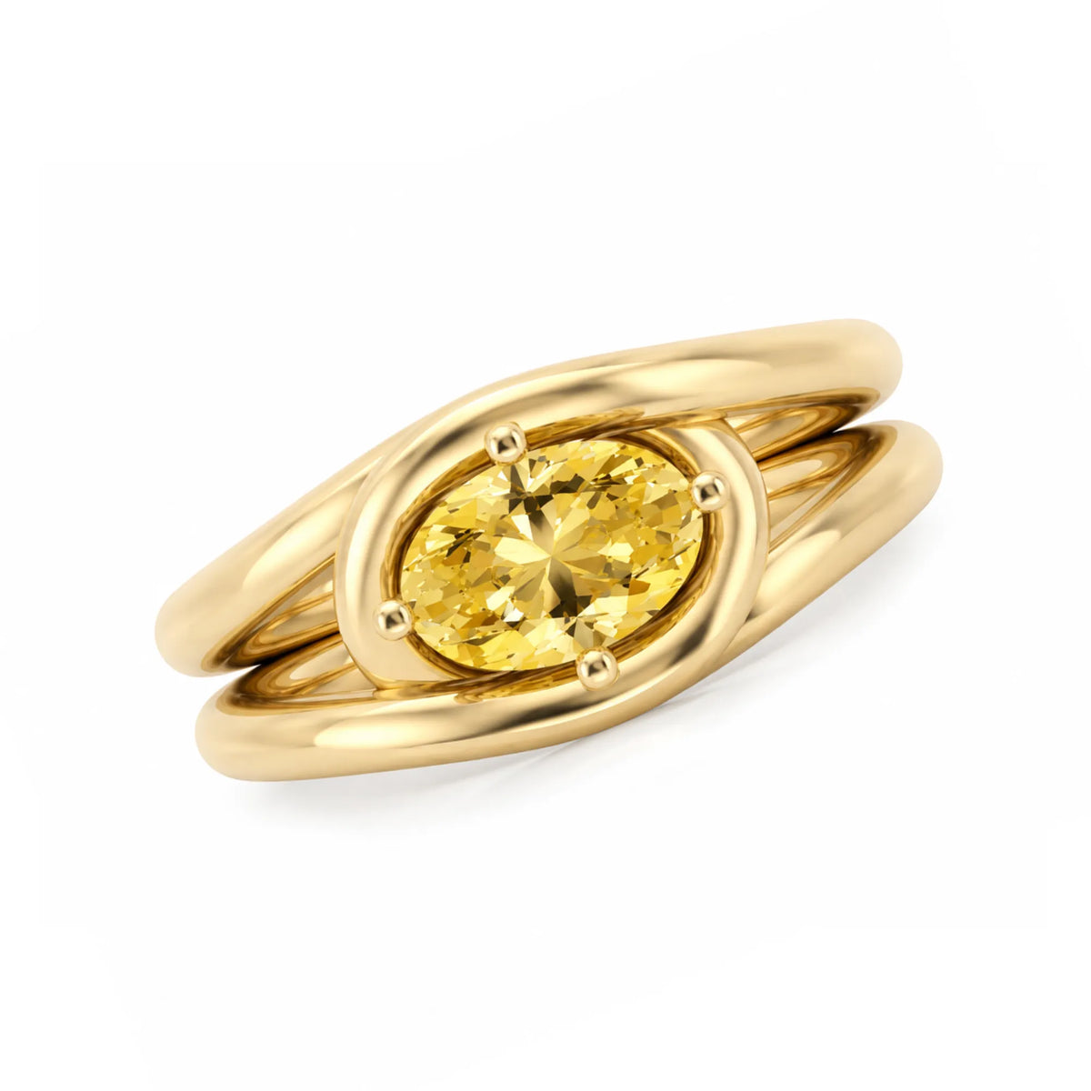 Yellow lab diamond ring in 18k gold plated sterling silver, oval cut fancy intense yellow stone in a split shank halo setting, handmade fine jewelry from Mama Bijoux Costa Mesa